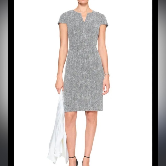 NWT Banana Republic Split Neck Short Sleeve Boucle Sheath Gray Dress Size 2 P - Picture 1 of 11